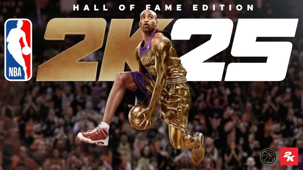 NBA 2K25 Hall of Fame Edition title with a gold-painted player dunking in front of a cheering crowd.