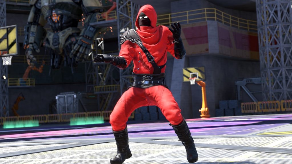 Red hooded character with black gloves and boots in fighting stance, industrial arena with robot and basketball hoop.