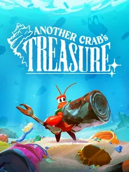 Another Crab's Treasure title above a red hermit crab wearing a can as a shell on a bright seabed.