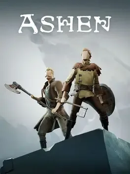 Two armored figures on a rocky outcrop; one with an axe, one with a shield, 'ASHEN' text above gray sky.