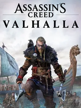 Assassin's Creed Valhalla title above a bearded Viking holding two axes beside a longship.