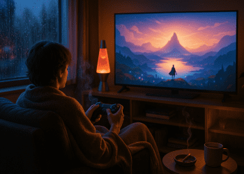 Rainy night in: a gamer wrapped in a blanket with a controller, a lava lamp glowing, and a joint smoking in the ashtray.