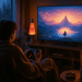 Rainy night in: a gamer wrapped in a blanket with a controller, a lava lamp glowing, and a joint smoking in the ashtray.