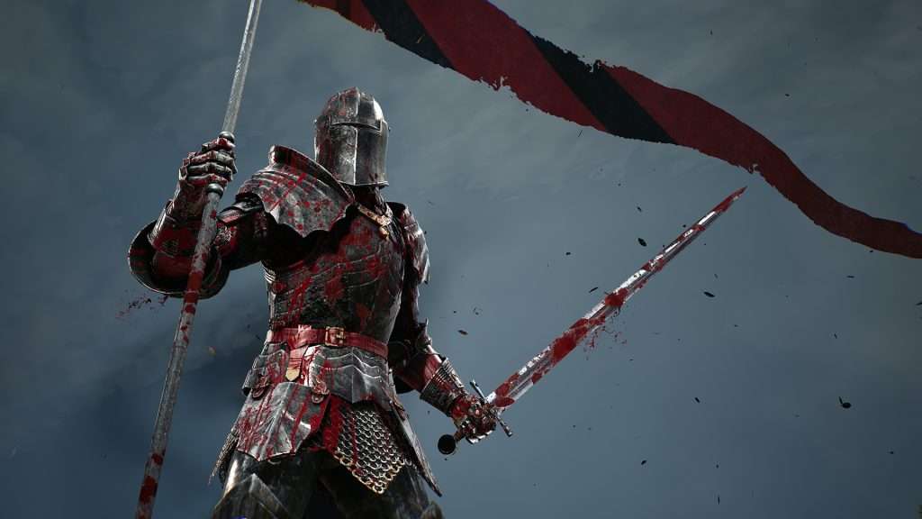 Knight in bloodstained armor holds spear and sword under red-black banner.