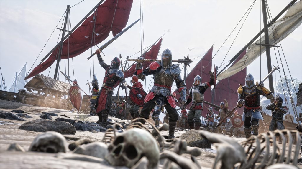 Armored knights on ship with red sails, skulls and bones in foreground.