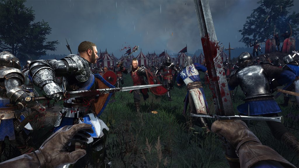 Medieval knights battling in a rainy field with bloodied swords and tents behind them.