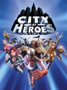 City of Heroes title above a group of costumed superheroes flying toward the viewer.