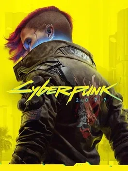 Cyberpunk 2077 title on the back of a leather jacket worn by a figure with a red mohawk on a yellow background.