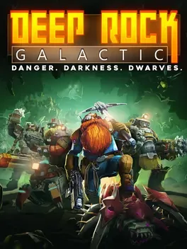 Deep Rock Galactic title above armored dwarves with weapons in a dark green cavern.