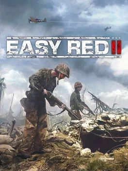 Two soldiers with rifles on a ruined battlefield under planes, text 'EASY RED II' visible.