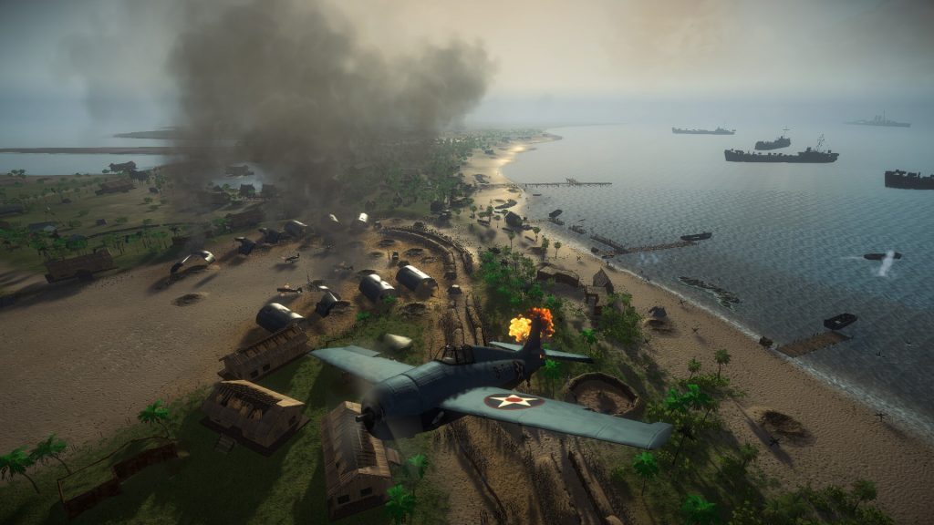 Gray military plane with red star flies low over smoky beach with ships and damaged buildings.