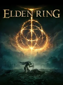 Elden Ring title above glowing golden circle, armored figure on rocky terrain with stormy sky.