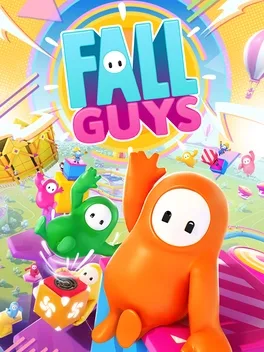 Colorful cartoon characters in a bright game scene with 'FALL GUYS' title.