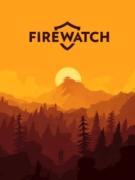 Firewatch title over orange sunset with mountain and pine forest.