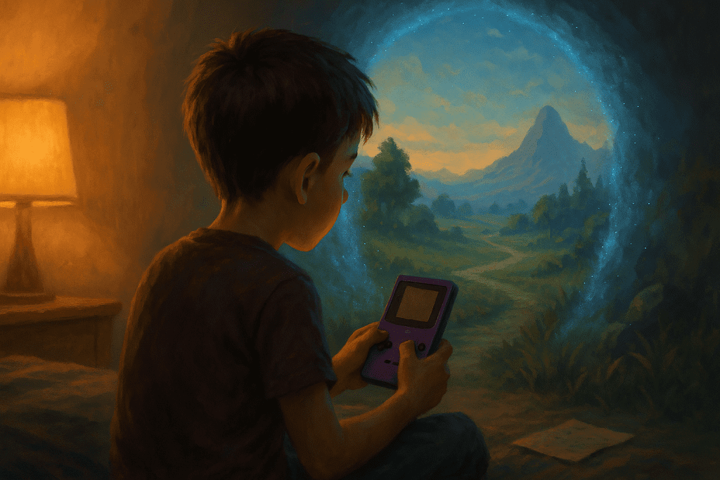 Boy holds purple Game Boy Color near lamp, portal shows mountain path and blue ring.