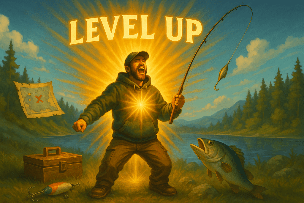 Man holding fishing rod, large fish, map, tackle box, 'LEVEL UP' text over lake.
