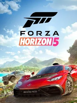 Forza Horizon 5 title above a red sports car racing on a coastal road with mountains behind.