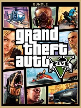 Grand Theft Auto V bundle box with a collage of characters, a rottweiler, a gas mask and a jet ski.