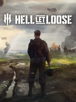 Back view of soldier holding helmet on muddy battlefield with 'HELL LET LOOSE' text and smoke.