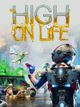 High on Life game cover with robot, colorful characters, and cityscape.