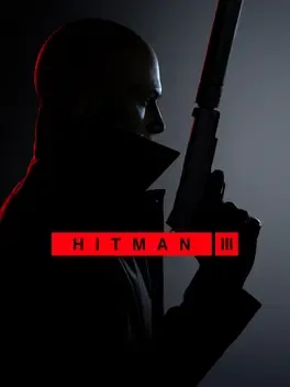 Silhouetted figure holding a rifle with red 'HITMAN III' text on dark background.