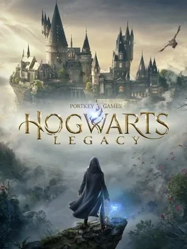 Hogwarts Legacy title with a cloaked figure casting a blue spell on a cliff in front of a castle.