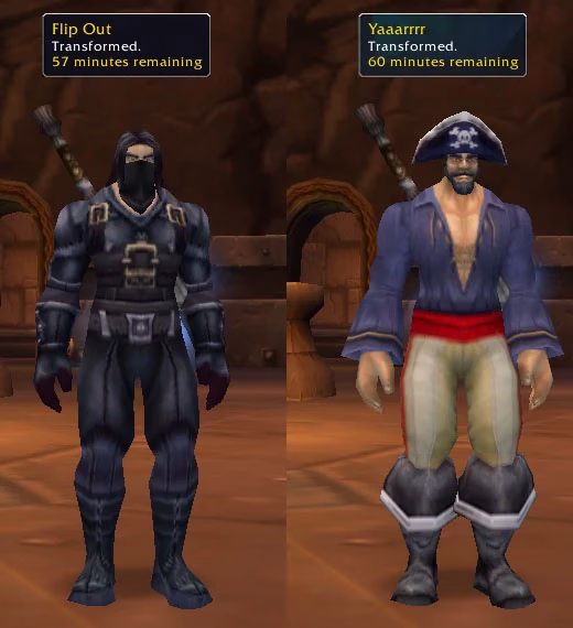 Two game characters side by side, a masked dark-armored figure and a pirate in a tricorn hat, with transformation timers.