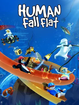 Underwater scene with 'HUMAN fall flat' text, characters on red and yellow slides, blue water, fish.