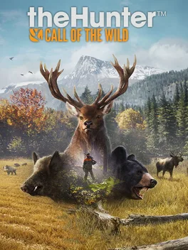 The Hunter: Call of the Wild title over a stag and a bear in an autumn meadow below snowy mountains.