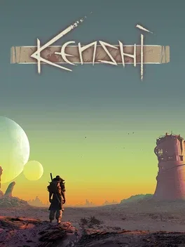 A silhouetted figure stands on rocky terrain under two moons, with 'Kenshi' text above.