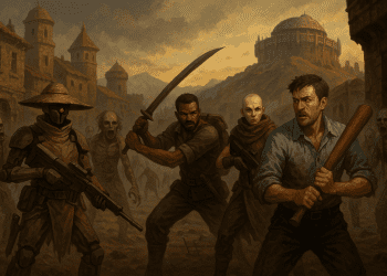 A ragtag squad with a sword, rifles and a baseball bat faces a zombie horde in a ruined desert town.