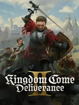 Knight on horse raises sword, shield, medieval soldiers, city backdrop, 'Kingdom Come Deliverance II' text.