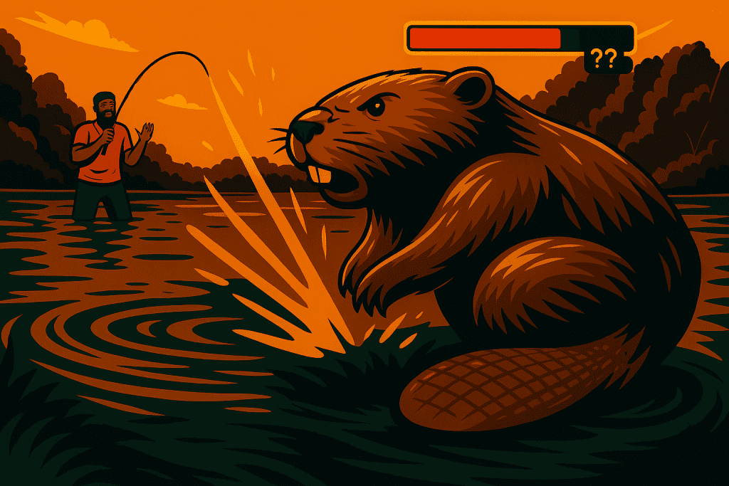 Beaver in water with fishing person, orange sky, health bar and question mark.