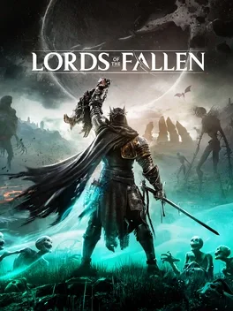 Armored warrior with cape raises weapon, skeletal figures in misty landscape under 'LORDS OF THE FALLEN' title.