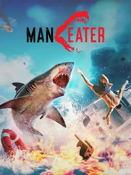 Maneater title with a great white shark leaping from the surf beside a swimmer in a cat-eared hood.