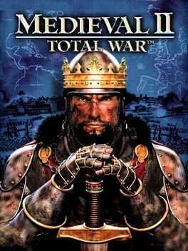 Medieval II: Total War title above a crowned knight in battle-worn armor resting his hands on a sword.