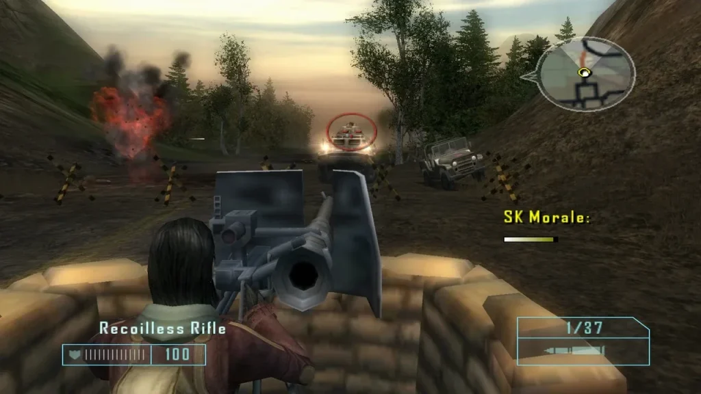 Player aiming a mounted heavy weapon from a sandbag nest at a jeep on a dirt road, with HUD gauges at the bottom.