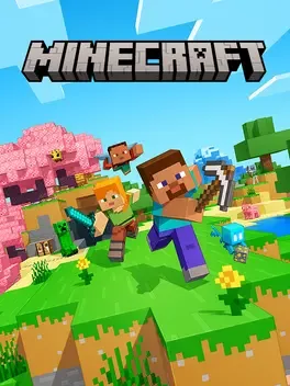 Minecraft logo above blocky characters in a grassy field with pink tree, yellow flowers, and blue sky.