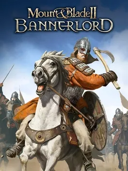 Mount and Blade II: Bannerlord title with a warrior with an axe on a white horse and soldiers behind.