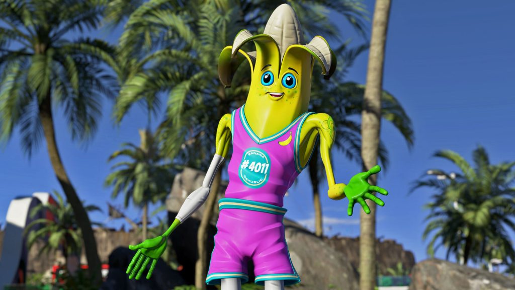 A cartoon banana mascot in a pink basketball jersey waves under palm trees.