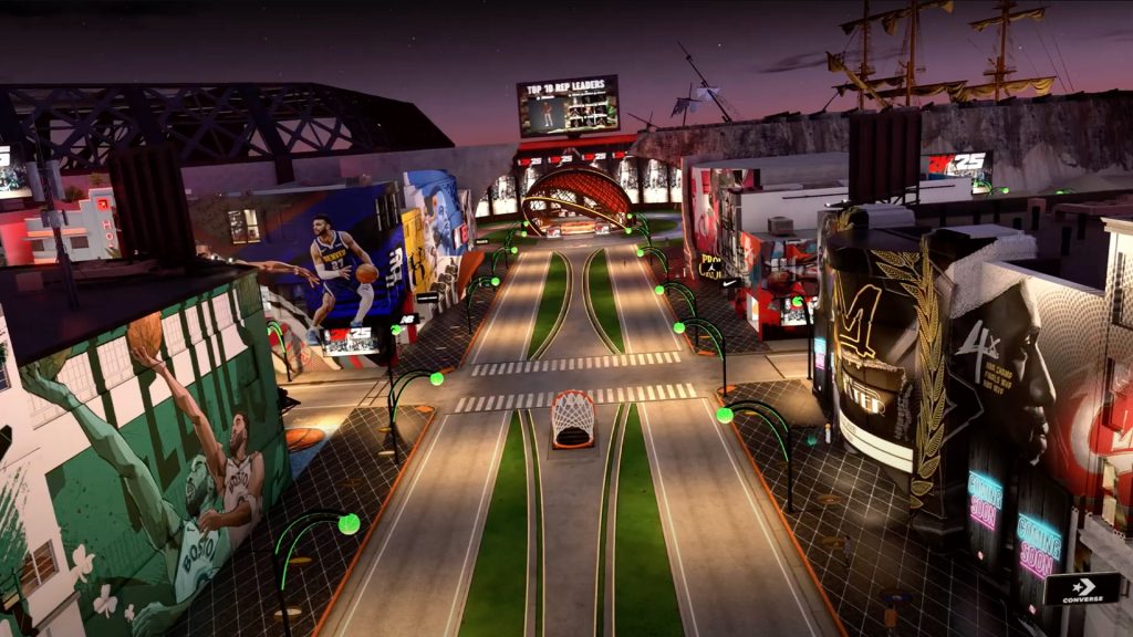 A neon-lit city street with green lanes between billboards and a hoop sign, with a ship docked in the distance.