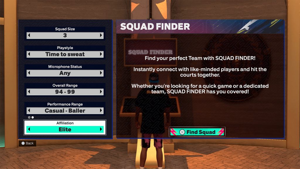 NBA 2K25 Squad Finder menu with settings and 'Find Squad' button.