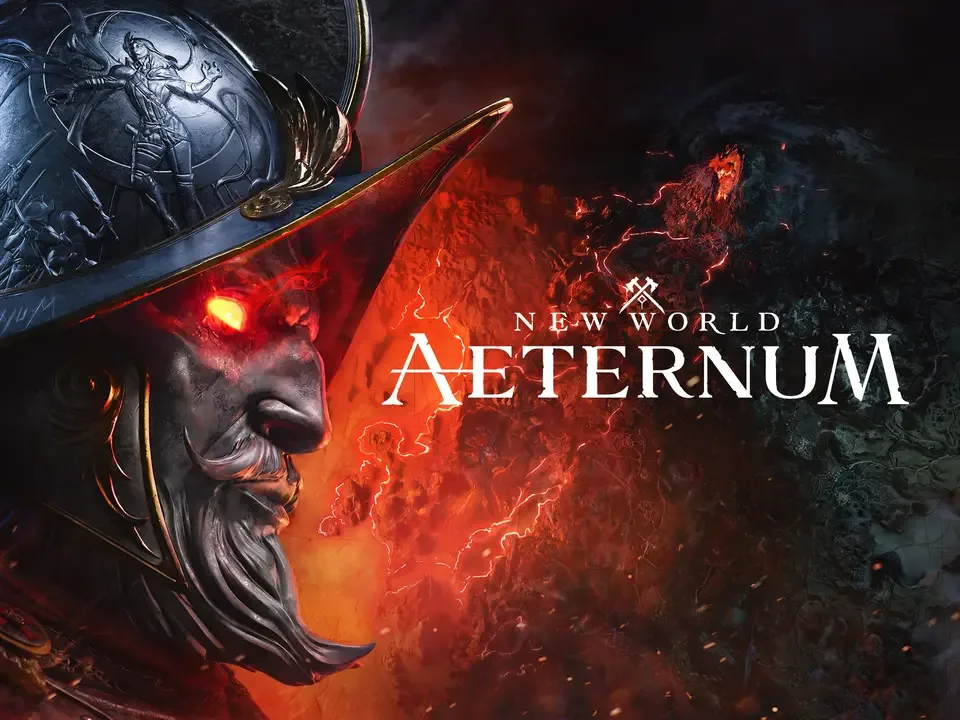 New World Aeternum title beside a helmeted figure with glowing red eyes against a fiery background.