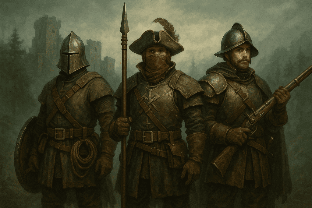 Three armored men in helmets, one holding a spear and another a musket, stand in a misty castle courtyard.