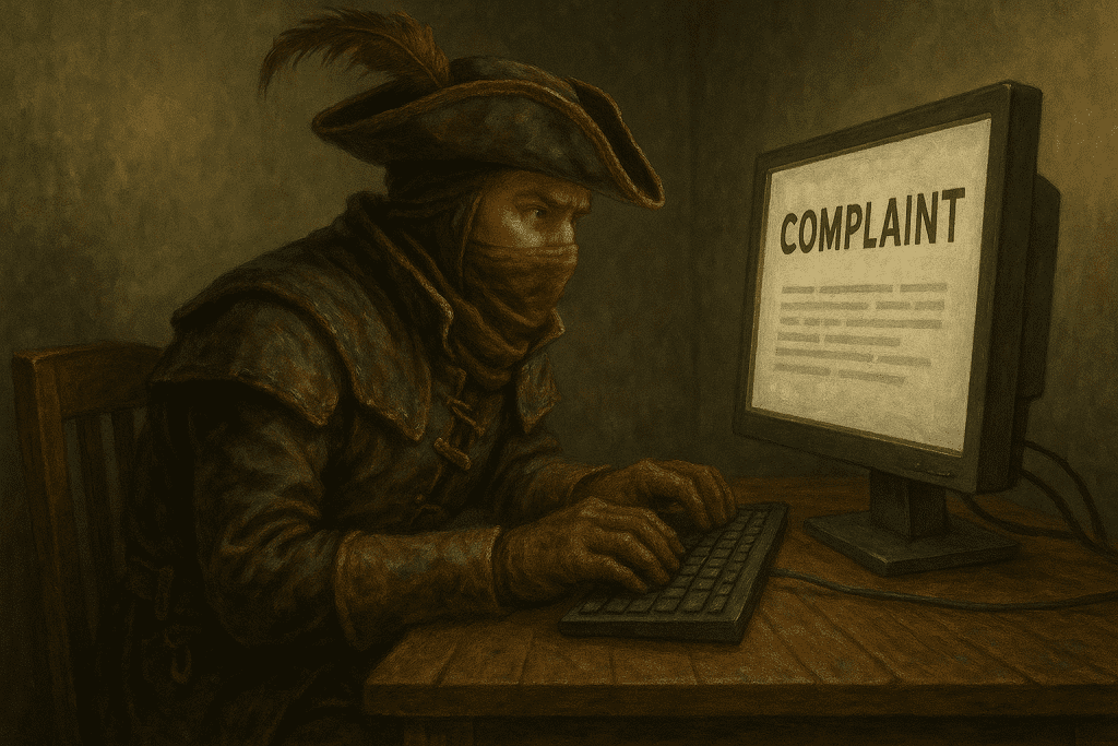 A masked man in a feathered hat types at an old computer monitor showing a page headed Complaint.