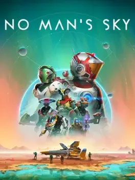 No Man's Sky title with helmeted explorers, a spaceship and a colorful alien planet surface.