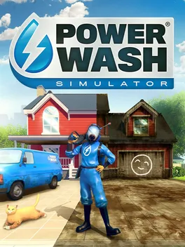 PowerWash Simulator title with a figure in a blue suit holding a pressure washer in front of a red house and van.