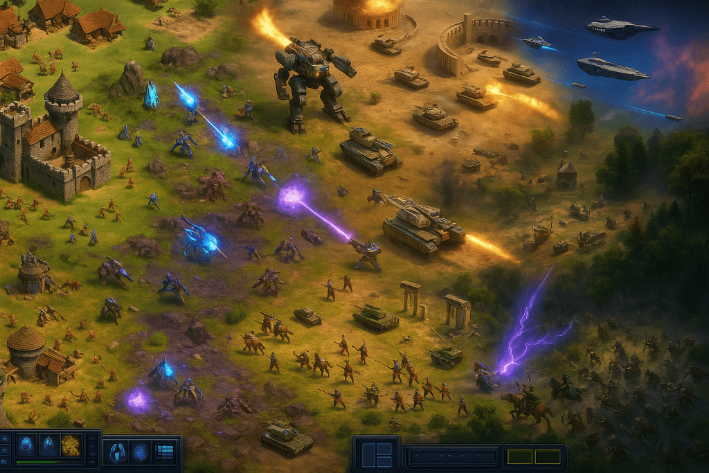 A fantasy strategy battle with castles, tanks, a giant mech and energy beams across grassy and sandy ground.