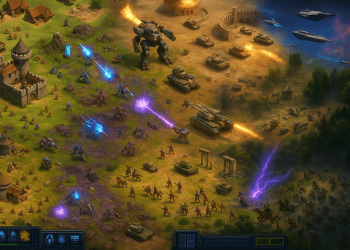 One RTS battlefield mashing up every era: castles and knights, tanks and mechs, starships overhead.