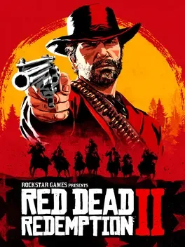 Red Dead Redemption II title above a man in a red coat holding a revolver, with riders on horseback behind.